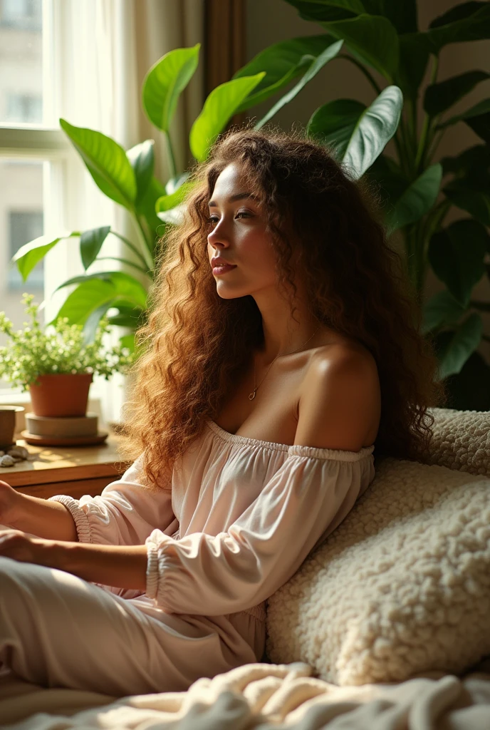 (photorealism:1.2), beautiful woman, sitting on bed, wearing loose off-shoulder top, pajama pants, long curly hair, indoors, soft lighting, plants in background, window with sunlight, cozy room, relaxed pose, realistic, intricate details, warm colors, by Greg Rutkowski, by Alphonse Mucha