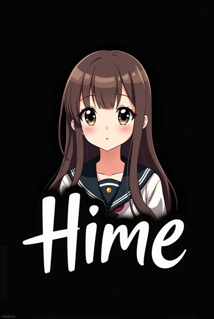 logo for "Hime" , black background , white stylised font , asian anime girl , brown hair , long and straight hair , cabello largo , black eye , bambi eye shape , wears japanese school uniform