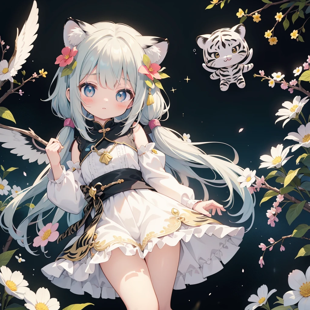 Fantasy、cute白虎の赤ちゃんを抱きかかえる人間の美少女、Highest quality、Masterpiece、Dynamic composition、The background is a black and white tiger pattern、cute、
flowerwings