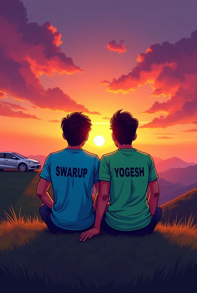 2 friends siting on the heel, car is front enjoying the view of story , one boy name "swarup" written on the shirt and another boy name "YOGESH" written on the t shirt 2d cartoon behind the cartoon best friend front side best friend text full size