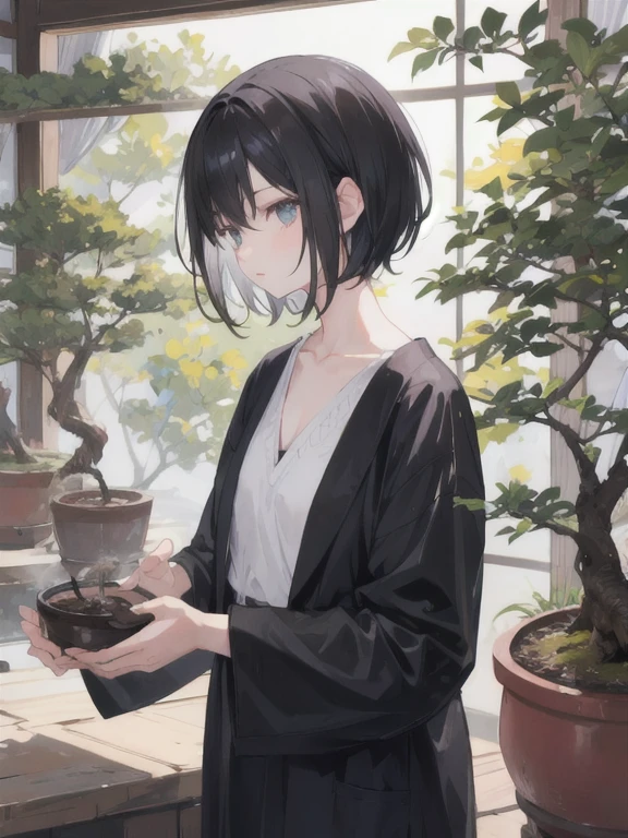 1 girl.  short black hair. looking at a bonsai.