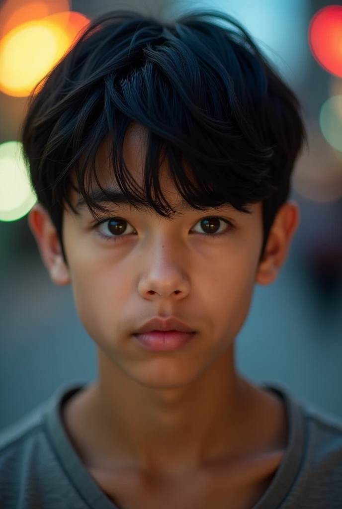 close up of a man, height 170,black hair, Brown eyes, 16 years