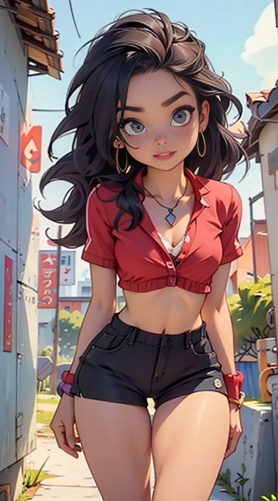 8K, 16K, Defined female body, thick thighs, detailed body parts, wearing only bra, tight shorts, open pose, very detailed, detailed eyes, round chest, beautiful makeup, leaning over, straight black hair, long hair, saying hi