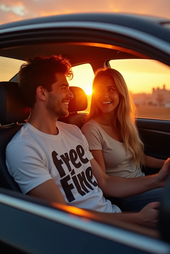 A 23 year man site in a bmw car 23 year and his girlfriend 22 year old
man teshirt colour white teshirt name "Free Fire"
Cartoon body