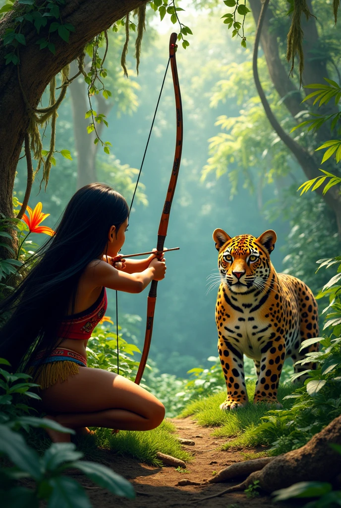 Indigenous girl with black hair, Female car, crouching and facing forward, she is aiming her bow and arrow at a jaguar that is also facing forward, close by.