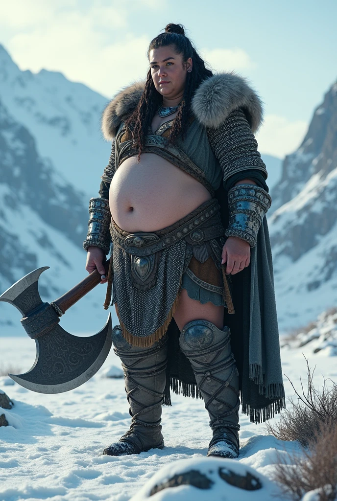 Very huge big belly viking muscular woman  battle   chainmail  winter   