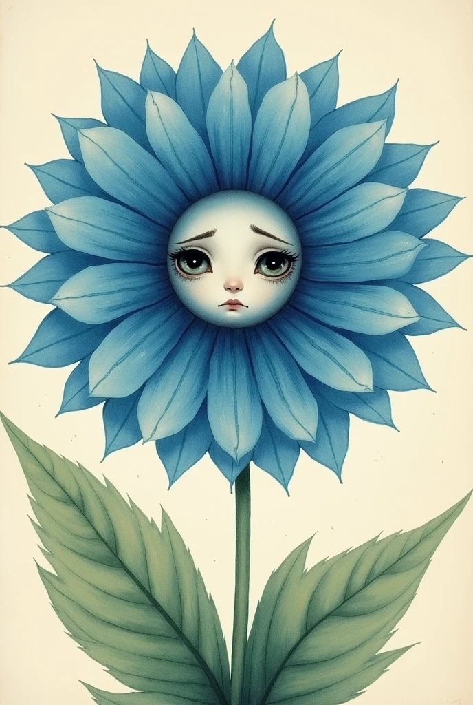 An illustration of a flower with blue petals ,with a sad and minimalist face,Vintage style illustration