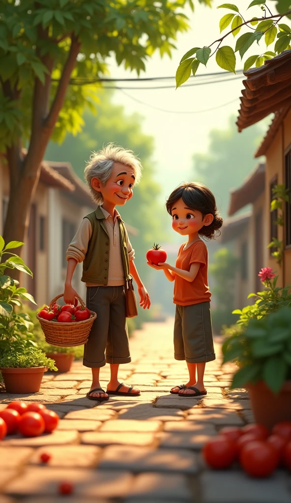 Uncle Tu is an old man, skinny with gray hair and tanned skin. He usually wears simple clothes like old shirts, long pants and sandals. Mr. Tu brought a basket of tomatoes to give to everyone in his neighborhood. Mr. Tu gave some to Mrs. Ba. 3D animation.