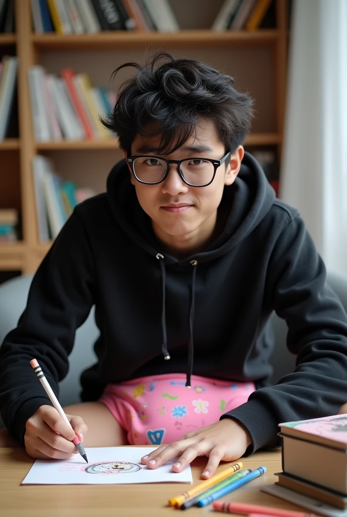 Picture of universitary guy sitting in the chair, with a visible diaper.... guy is angry. Guy is Drawing a cute draw on a sheet with crayons. Looking at the camera. The diaper is: thin side elastic and girly pink color with colorfull prints. Guy has black hair. Guy has wearing a black hoodie, nerd glases.
