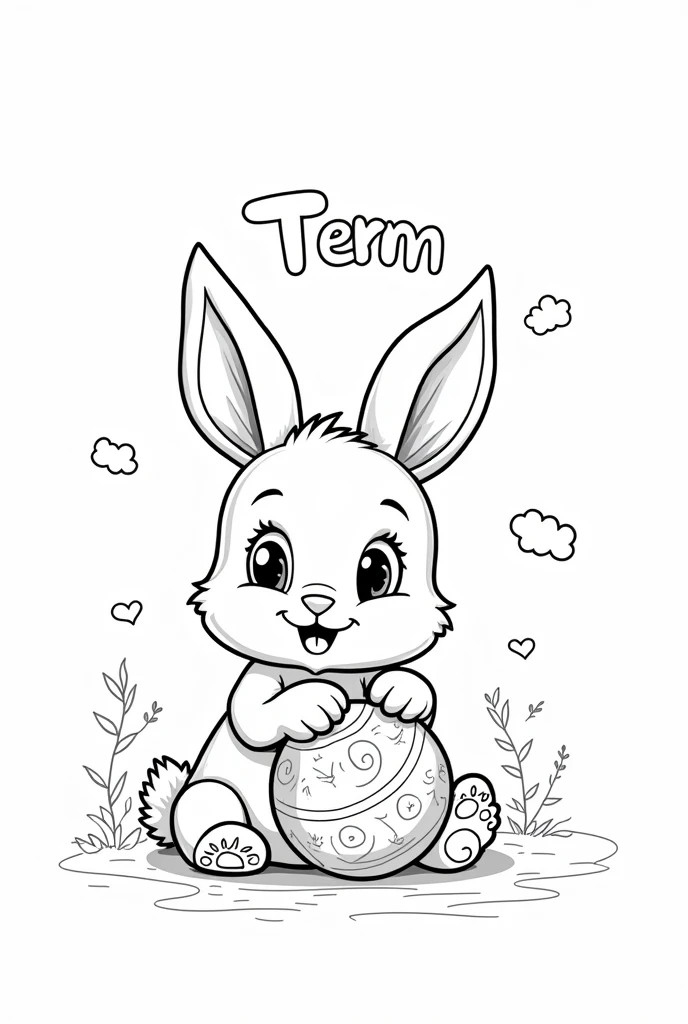 Black and white coloring book for kids cute baby rabbit in simple just put in hand object like ball and write in front first term
