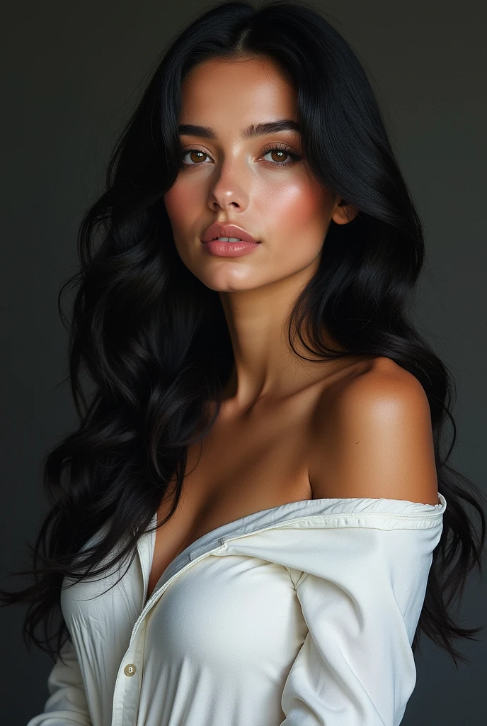 Best quality, masterpiece, ultra high res, (photorealistic:1.4), raw photo, 1girl, offshoulder, huge cleavage, in the dark, deep shadow, low key, cold light, SFW light natural tones , pencil drawing , watercolor drawing, portrait of a woman with long curly hair and white shirt, detailed eyes, beautiful , highly detailed, soft color tones, soft lighting, detailed lines, sharp, realistic, brush strokes, light hints of paint drips Perfect photo (long shiny black hair cut)), adorable, 1 female, (face to face), 30 years old, beautiful face, happy, half body portrait, (face details: 1), (eye details: 1), (( big breasts ) ). ((wearing a tight t-shirt))