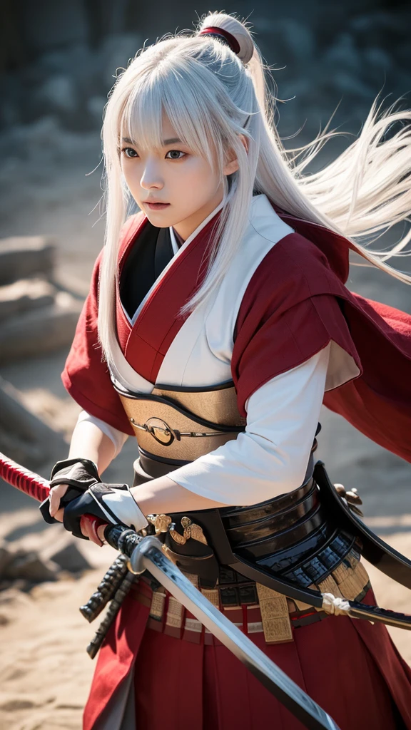 A young female samurai with medium-length white hair, red eyes, wearing white Japanese armor, and holding a katana. She stands on a battlefield. The scene is photo realistic, 8k quality, masterpiece, High Resolution, High Quality.