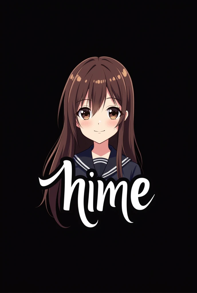 logo for "Hime" , black background , white stylised font , asian anime girl , brown hair , long and straight hair , cabello largo hair style , black eye , bambi eye shape , wears japanese school uniform