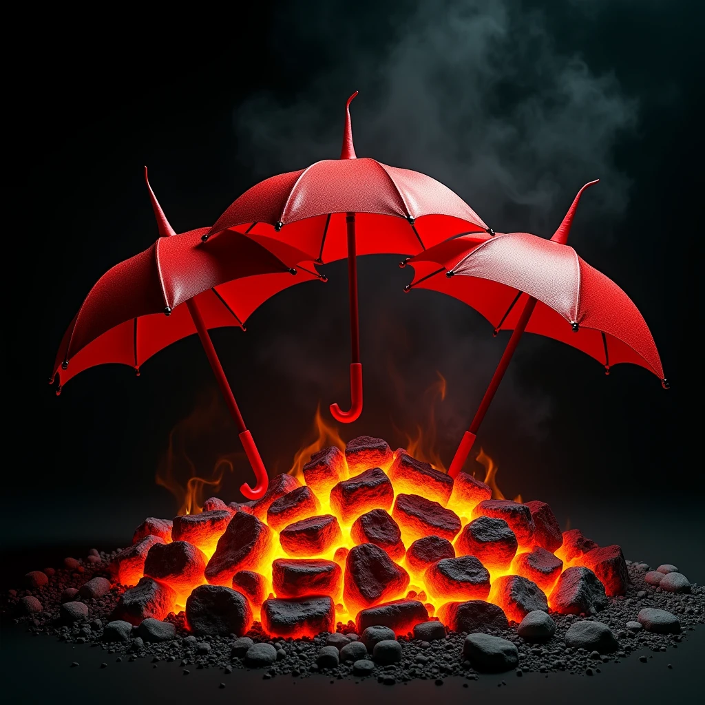 Three red umbrellas with horns standing on flaming coals with a black background and flames