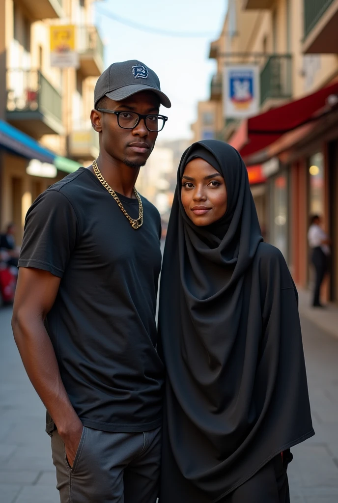 Draw me a pair.
Male, 185 cm tall, with short brown hair. He uses glasses. dark skinned and thin. He's wearing sports clothes. His eyes are brown and he has a mole above his lip.
The girl is 157 cm tall. He is Muslim and wears a black burqa. dark and thin. His eyes are black and his lips are thin. There is a mole on your lip.
They are in the city of Yozgat