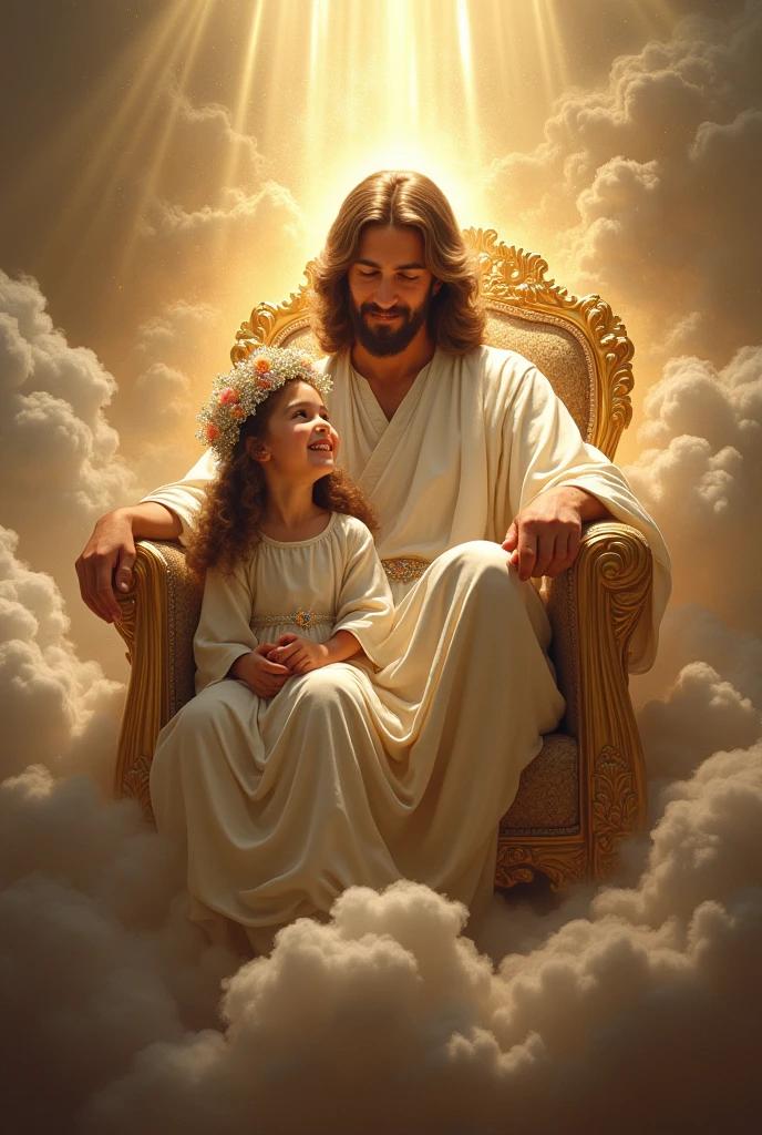 Jesus sited on thron with girl wearning crown