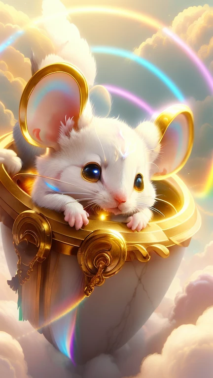 god々Cute mouse1animal、Rainbow aura of the mouse,Looking into the camera、Look at this、Background gold、Floating in the clouds