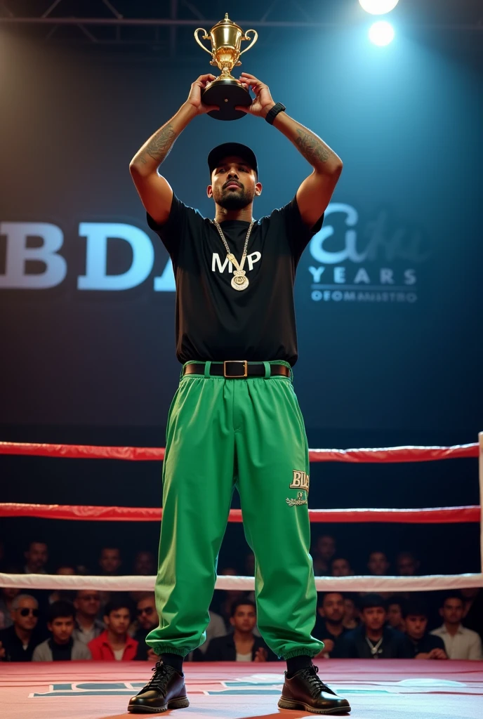 no ringue , a rapper in a black shirt, green long pants and black sneakers and black cap .He is dark and he has no beard he has a mustache and has a silver sticker that says MVP. he is lifting the champion's trophy. in the ring it is written " BDA 10 years" which is the name of the competition he won