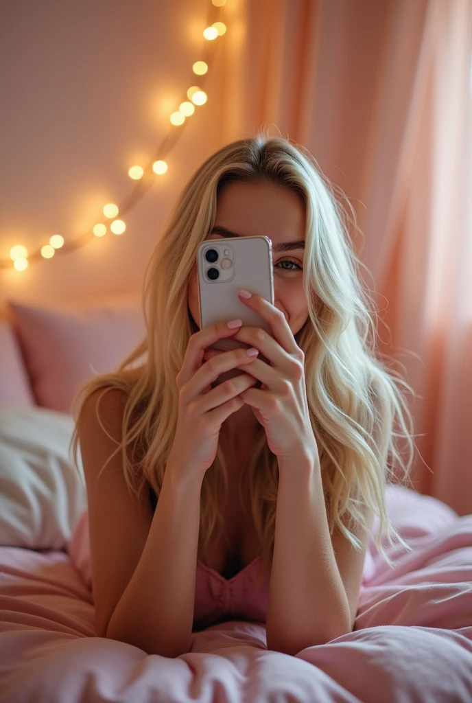 Blonde girl taking a selfie in front of the mirror in her room and shows her butt. she hides her face with her phone.