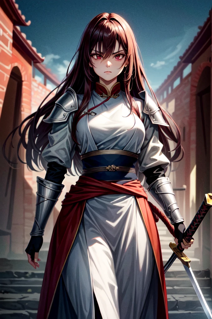holding sword wearing armor1People Women, holding big sword, balck Hanfu, wearring heavy armor, Tight waist, hair over eyes, Intimidating Appearance, absurdly long hair, dark red hair, snake pupils, glaring, sad, An old Chinese castle in the background, five fingers, anime, cinematic lighting, cowboy shot, UHD, retina, masterpiece, accurate, anatomically correct, textured skin, super detail, high details, high quality, award winning, best quality, highres