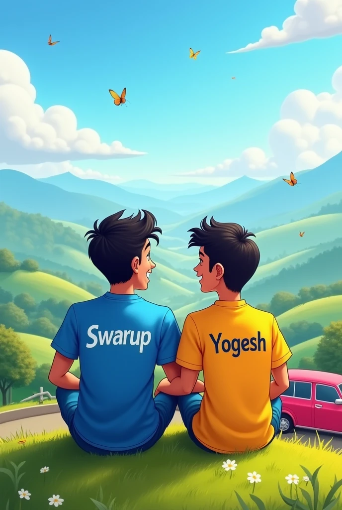 2 friends siting on the heel, car is front enjoying the view of story , one boy name "swarup" written on the shirt and another boy name "YOGESH" written on the t shirt 2d cartoon behind the cartoon best friend front side best friend text