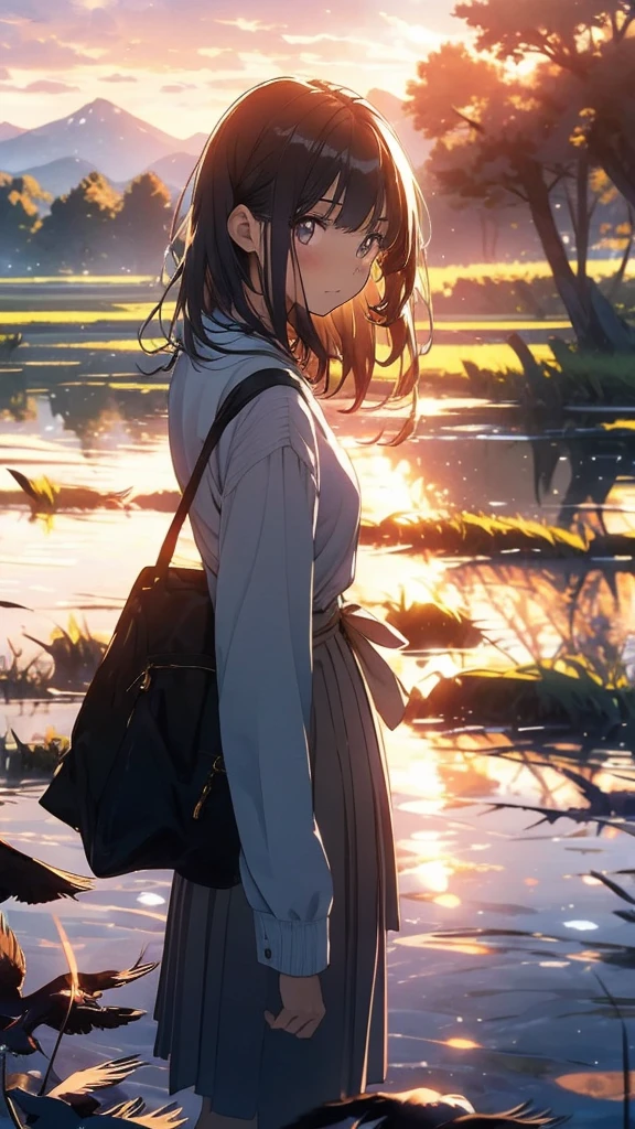 masterpiece, best quality, detailed, 1girl, cute, short, sunrset, autumn, twilight, dusk, golden rice in the rice field, black short hair, hair ribbon, white blouse, neck ribbon, dark-blue pleated skirt, dark-blue blazer, walking on path near rice field, mountainous horizon, crows in the distant sky, clouds, reflection, cowboy shot, cinematic angle, solo focus,