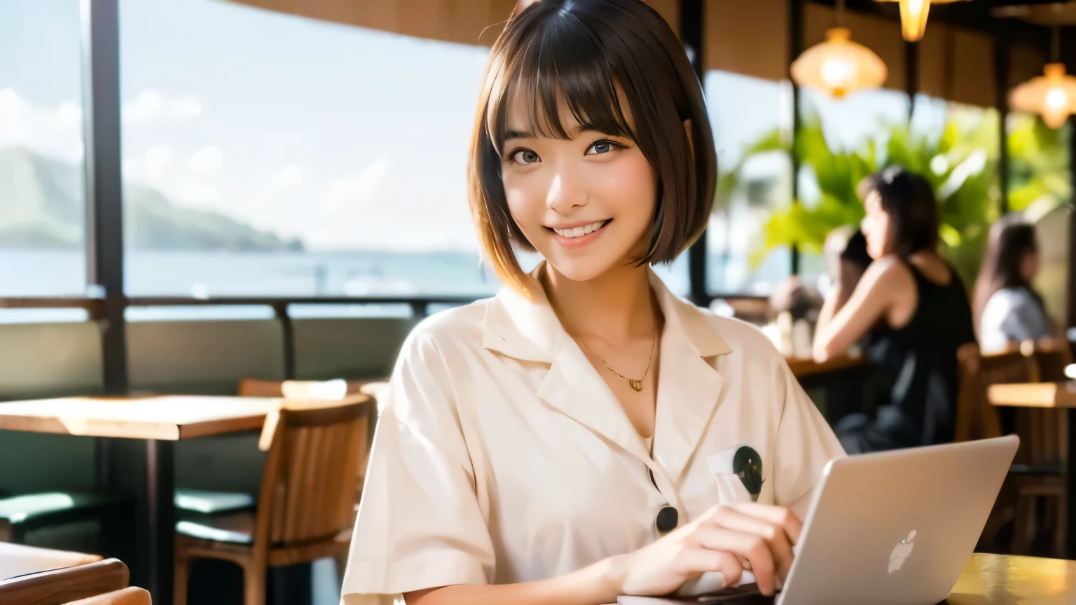 ((最high quality, 8k, masterpiece: 1.3)), perfect face,The stylish interior of the cafe with a view of the Hawaiian sea、A scene in which a beautiful model-like woman with big breasts is drinking a latte and studying on a laptop.,Everything around you, Seeing other customers having a good time.。Behind the cafe、Employees are working at the counter.、You can feel the unique vitality and warmth of the Hawaiian cafe..., sharp focus, 1 girl, Sexy 1.2, brown hair, Has bangs, (Layered bob), (big: 1.5), good eyes, Beautiful eyes with slit length, double eyelid, (How much is it??), (cute Face), cute Smile, (shut your mouth), (cute), soft skin, Show me your whole body, surreal, very detailed, high quality, (A beautiful college student with short hair studying at a cafe), ((詳細な非常にcute女子大生), ((big胸 It can be seen even through clothes)),A college student wearing a stylish outfit that suits the eternal summer of Hawaii.