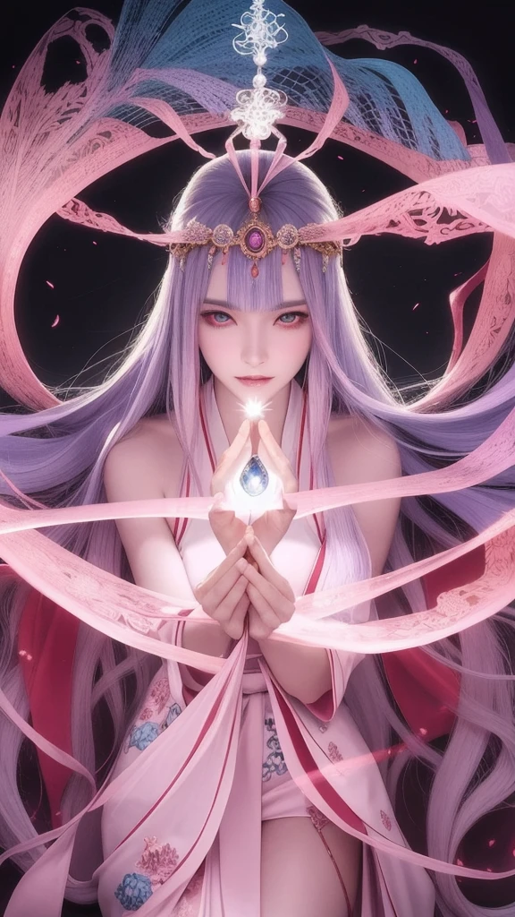 (masterpiece, Highest quality, One Woman, alone, Exquisite detail, chromatic aberration), (Realistic), (skin), ((breathe)), (Silver Hair, Blunt bangs, Straight Long Hair, Cropped bangs), Beautiful Hair, Red headdress, Blue Highlights, Hair on one eye, Purple eyes, Earrings, Sharp Eye, ((A pink and white kimono)), ((Symmetrical eyes)), ((Perfectly symmetrical body)), ((Perfectly symmetrical hands)), (PurerosFace_v1:0.3), night, (((Natural light))), Backlight, Pale pink wall, Bright lighting, Facing the audience, ((Central Shot, from the front, (Face and waist))), Mysterious atmosphere, fortune teller in kimono, beautiful fortune teller, fortune teller, dark fantasy female fortune teller, female fortune teller, Fantasy Photography, magician, witch fairytale, Japanese style, Elegant cinematic fantasy art, Fantasy Woman, portrait of magician, Casting a Spell, fortune teller, Not very sexy kimono, Powerful wizard, Nestled in a mysterious forest. Flowing robes decorated with symbols, Arms stretched out, Eyes glowing with mystical energy. Spells leak from his mouth, Vibrant, Patterns of light magic swirl in the air, Red and blue hues pulsate. The allure permeates, Flowers Bloom, And creatures look on in awe. Threads of magical energy dance, Uncover hidden areas, Uncovering the secrets. Capture the essence of this enchanting moment, Highest qualityのキャンバスに、The mystical power of light magic is vividly expressed。. . Highest quality, masterpiece, ultra-High resolution, (photoRealistic:1.4), RAW Photos, Sharp focus, High resolution, detailed skin.Amaterasu Goddess