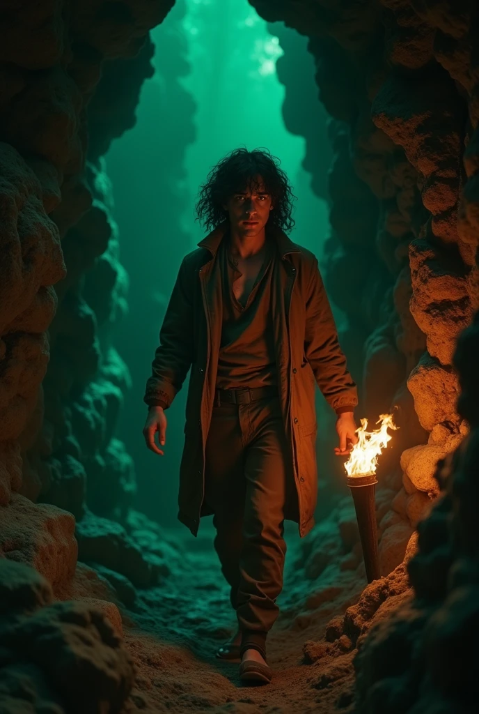 A twenty-five-year-old man, with black hair, curly and long to the shoulders. green eyes. walks through a dark cave with a torch in his hand