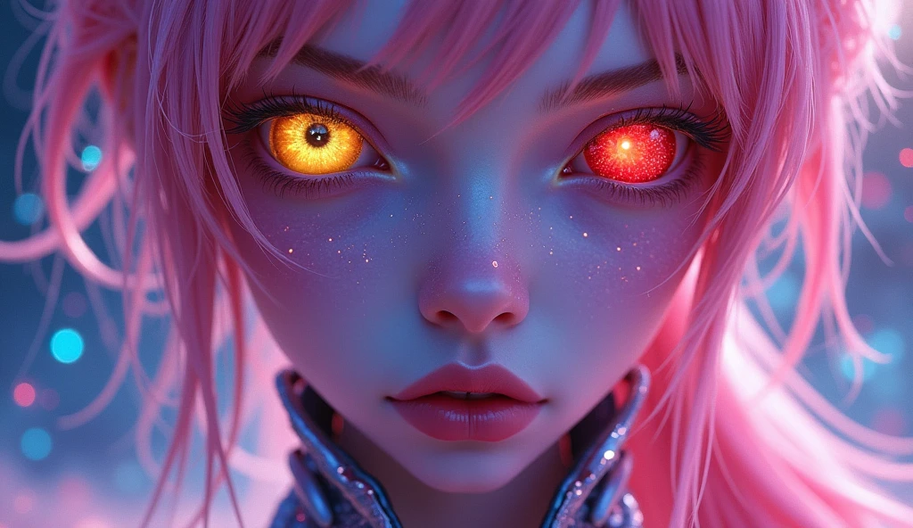 (Close-up of a better masterpiece: 1.5) 0.9], (beautiful alienigin queen, purple skin: 1.2) (Messy pink hair: 1.1) (Heterochromia xanthochromia and red eyes: 1, 2) (futuristic clothing: 1.0) (Colored stars in the eyes: 1.0) (A radiant glow: 1.1) (thick lips: 0.9) in the background a beautiful galaxy