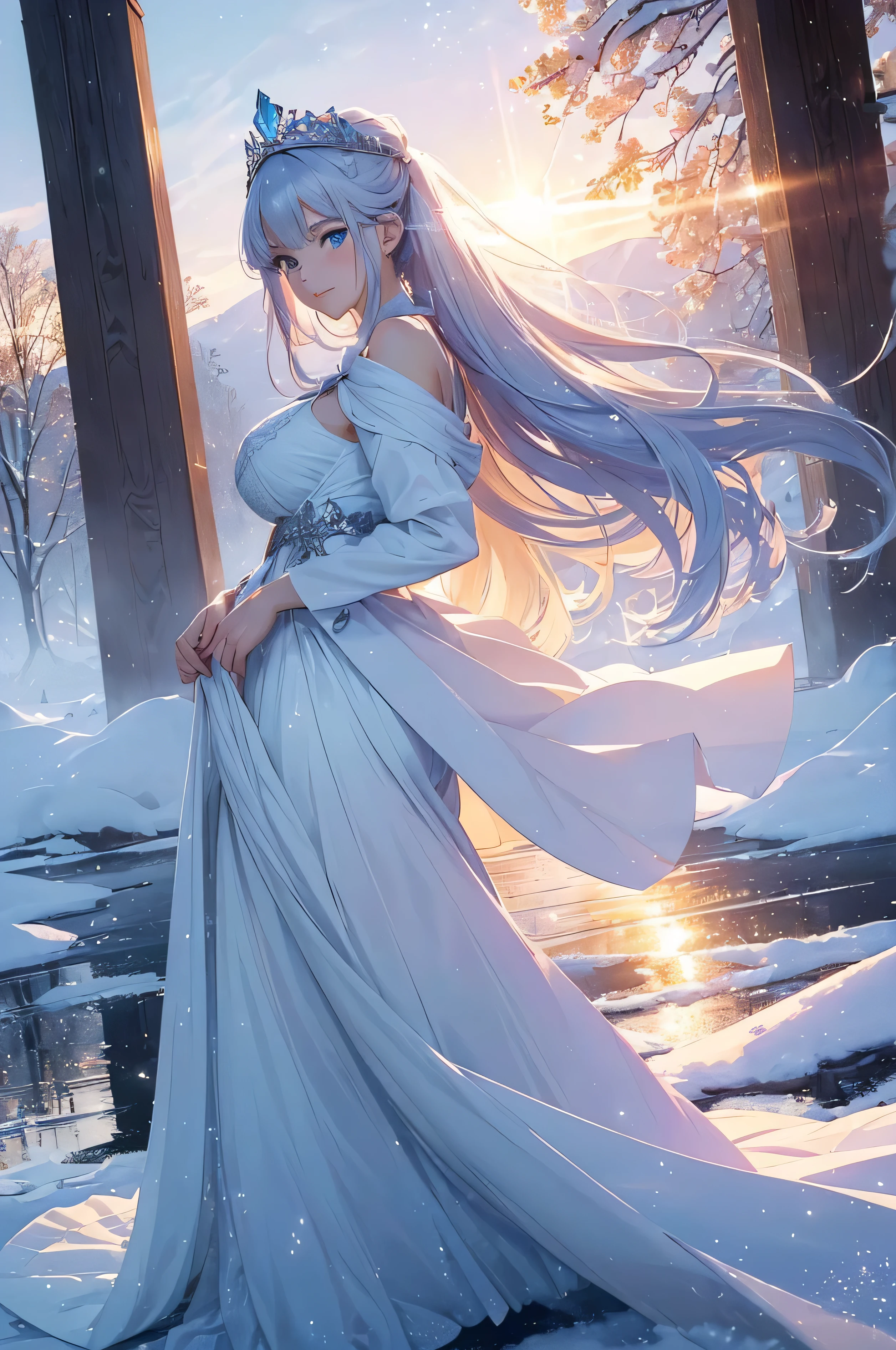 character: A beautiful woman, legendary, fairy, adult, (( white hoodie, innocent, manner)) ((((realistic oil art, 46-year-old Empress, vibrant look, with silver-bluish color hair, modest)), perfect body figure, very big breast, very big ass, beautiful face, milf, royal, shine eyes, blue eyes, ponytail long hair style, beautiful skin, Tachibana Omina art style, affectionate eyes, half a smile, a gentle expression on his face, serene scenery of spring under the snow, snow flake floating around, calm, breeze, sun, lake, reflection, in the background, butterflies in the sky, realism, ((Best quality))),8k,((Masterpiece)),(Extremely refined and beautiful), details: 1girl, masterpiece, extremely detailed, (beautiful detailed glow), lens flare, red flare lens, sun flare, clouds, backlighting, (blue sky) , light from behind, shadow on the figure, sparkling light , standing in the distance, looking at the viewer, full-length , elegance under the sun, hair ornament, movement motion, image look alive, Extremely details hair, fine details, cinematic lighting, beautiful lighting effect, creative design, full body frame, divine aura, hard harmony , sun light, perfect color transition, perfect balance of contrast, perfect color layer, perfectly smooth color blur, soft rendering, smooth color stroke, light glare, optic lens, light ray, soft colors, smooth colors blend, perfect color rendering, harmony, perfect color harmony, beautiful color, soft harmony, light particles, perfect details, intricate details, color prism, fine details, refine details, different view point)))