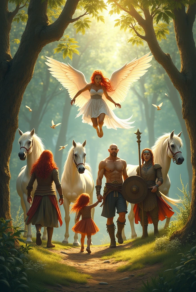 An elf with wings and white horses, a red-haired dwarf, a tall, strong man with triton features a redheaded girl a bald warrior with draconic aspects with a black beard shield and sword, and a woman with brown hair and a staff