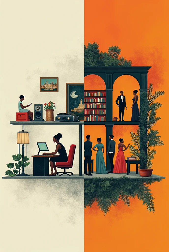 Create a poster that shows the differences between people with high and low economic, social, and cultural capital.
Include:
Left Side (Low Capital): Basic lifestyle, limited education, few connections, minimal cultural exposure.
Right Side (High Capital): Luxurious lifestyle, advanced education, strong networks, rich cultural experiences.
Use contrasting colors for each side, and make sure the images clearly show the differences in opportunities and quality of life. make it minimalist.