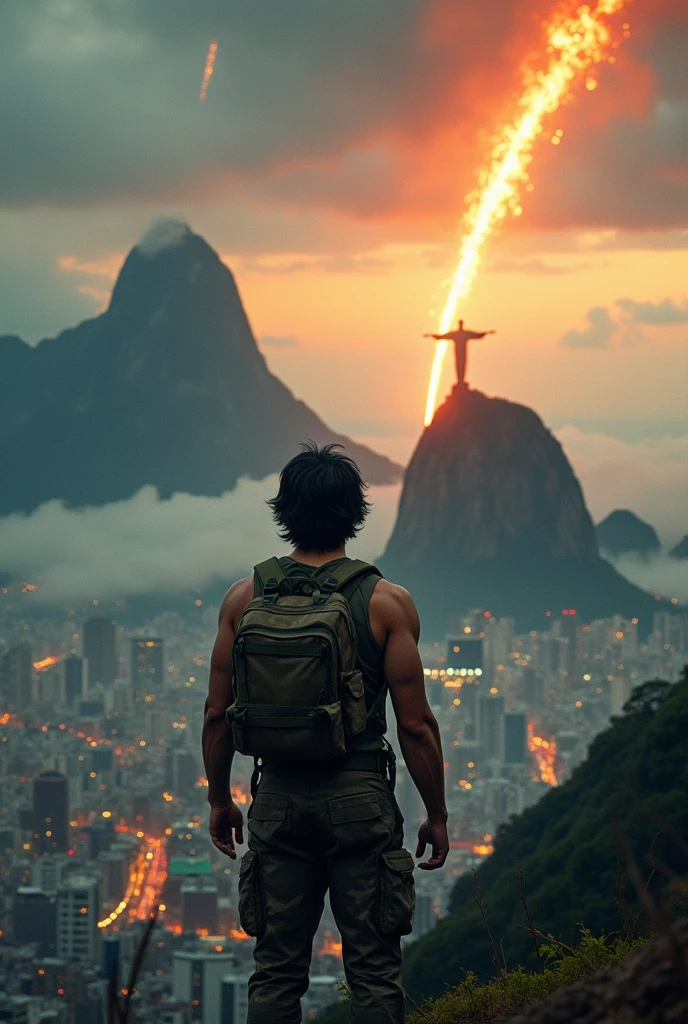 a man in the middle of Rio de Janeiro with black wavy hair , militar , freezing cold, witnessing a meteor falling on Christ the Redeemer and creating a possible zombie apocalypse virus