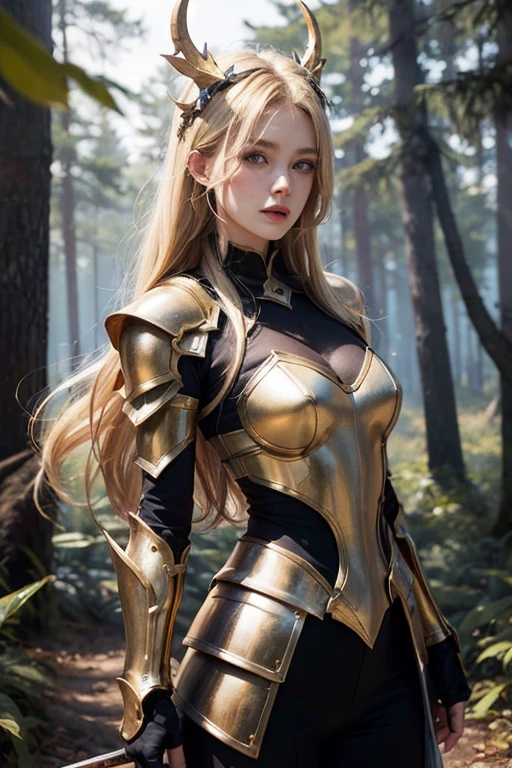 Finnish model as Female gold dragon in human form. Beautiful. Wearing full armor. She has Blonde hair and blue eyes. In a haunted forest. 