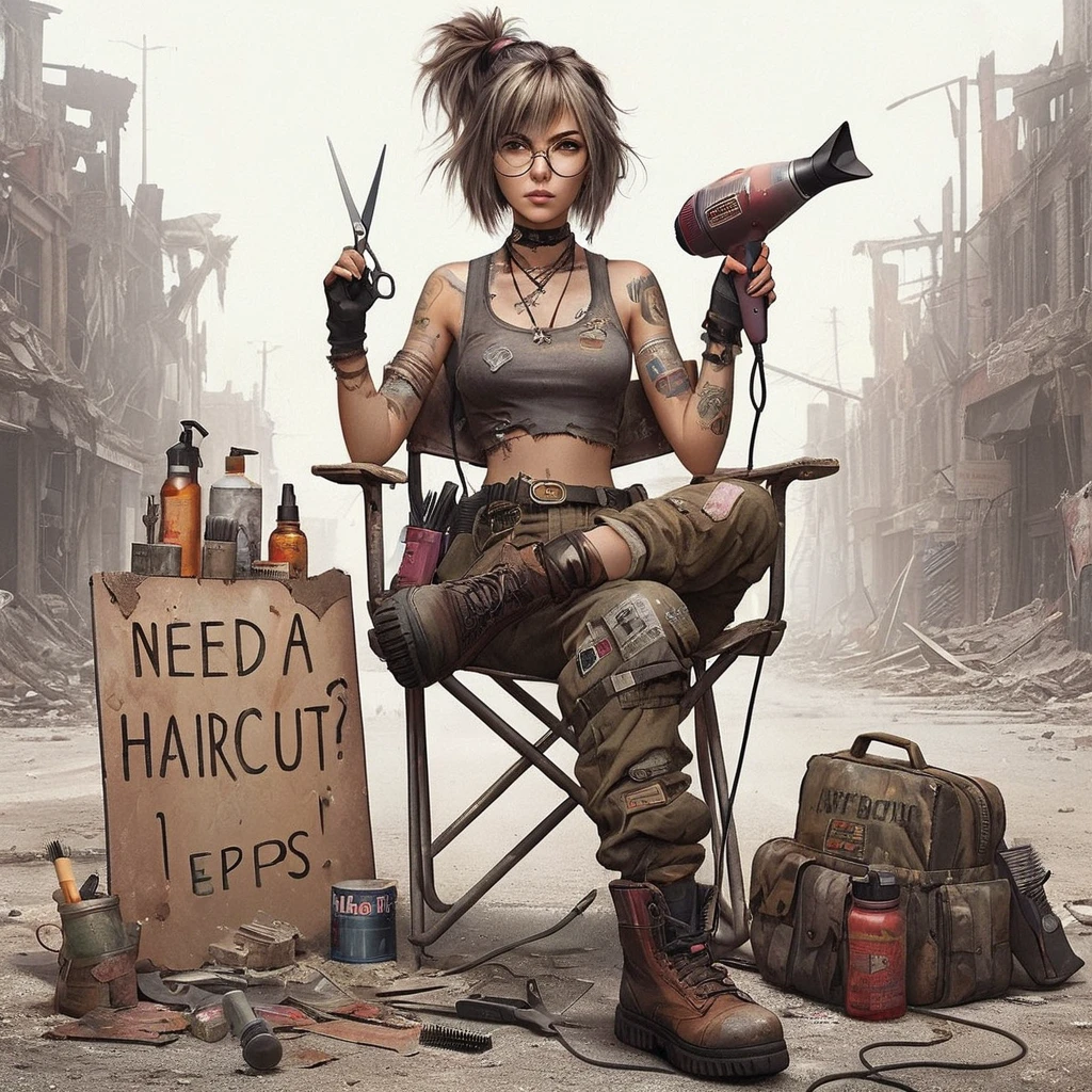 A girl in a dystopian world, looking for haircuts in need, equipped with hair (scissors), a (blow dryer), and a (comb), on a mission to clean up the apocalypse with haircuts and styles. She's stylish with dystopian clothing, hair in a ponytail, dirty mismatched shoes, torn and worn pants, and a tattered dirty tank top, sitting in a folding chair with a “NEED A HAIRCUT?” sign, her backpack patched with duct tape. The desolate background shows broken buildings, a torn street, and sunlight through clouds. She holds a faded photograph of a pre-apocalyptic hairstyle. The image should have ultra 32K HD resolution, 3D effects, and alcohol ink textures, in a fantasy realism style with ultra details. ((More detail enhanced poakl))