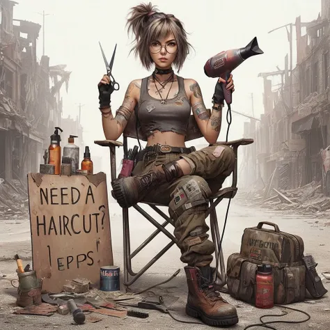 a girl in a dystopian world, looking for haircuts in need, equipped with hair (scissors), a (blow dryer), and a (comb), on a mis...