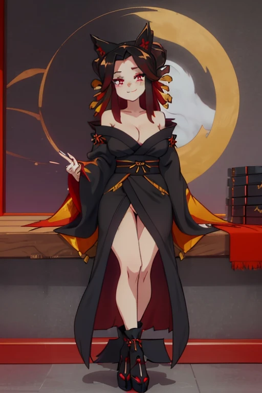 female, black long messy hair, red eyes, black fox ears, nine black fox tails, (((1girl))), (((black kimono with red and gold trim))), (red sash), (black knee high toeless socks), (red heeled sandals), cute and sexy, full body, large breasts, long legs, smiling, shoulders exposed, cleavage