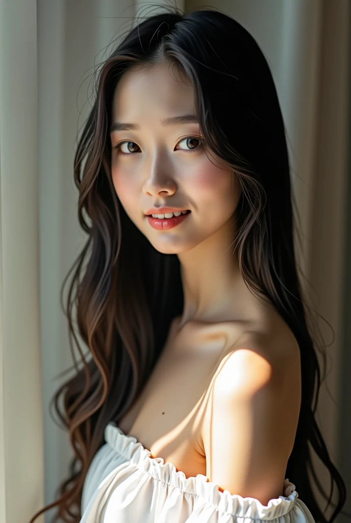 Asian Woman、Natural light、Young face、Black Hair、Long hair up to the chest、Straight hair beauty、Big eyes、Small mouth、The banner is narrow and high-nosed.、White skin、Smile with your mouth closed、a small face

A chin that is not broken、A small, pointed chin
