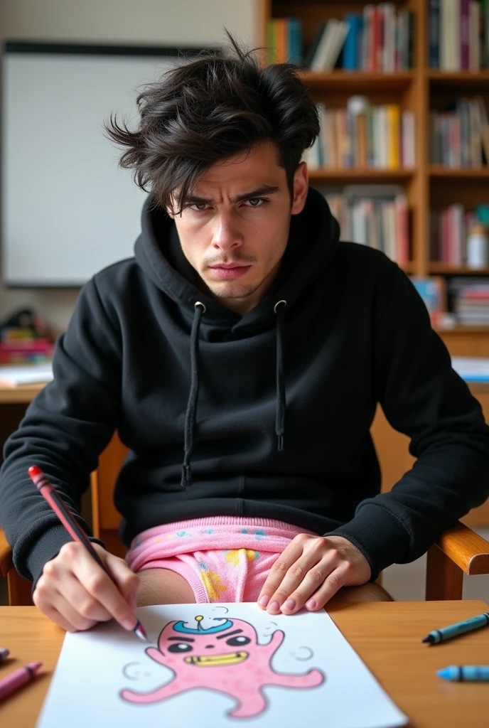 Picture of universitary guy sitting in the chair, with a visible diaper.... guy is angry. Guy is Drawing a cute draw on a sheet with crayons. Looking at the camera. The diaper is: thin side elastic and girly pink color with colorfull prints. Guy has black hair. Guy has wearing a black hoodie, nerd glases.