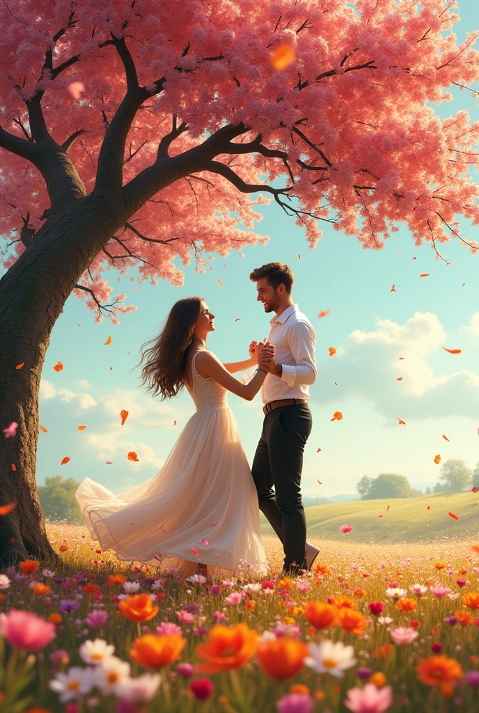 There is a flower field,in the center there is a big tree filled with flowers ,under the tree there is an adult boy wearing white shirt and black pant and an adult girl wearing a dress,they are dancing couple dance and tree is showering them with his flowers