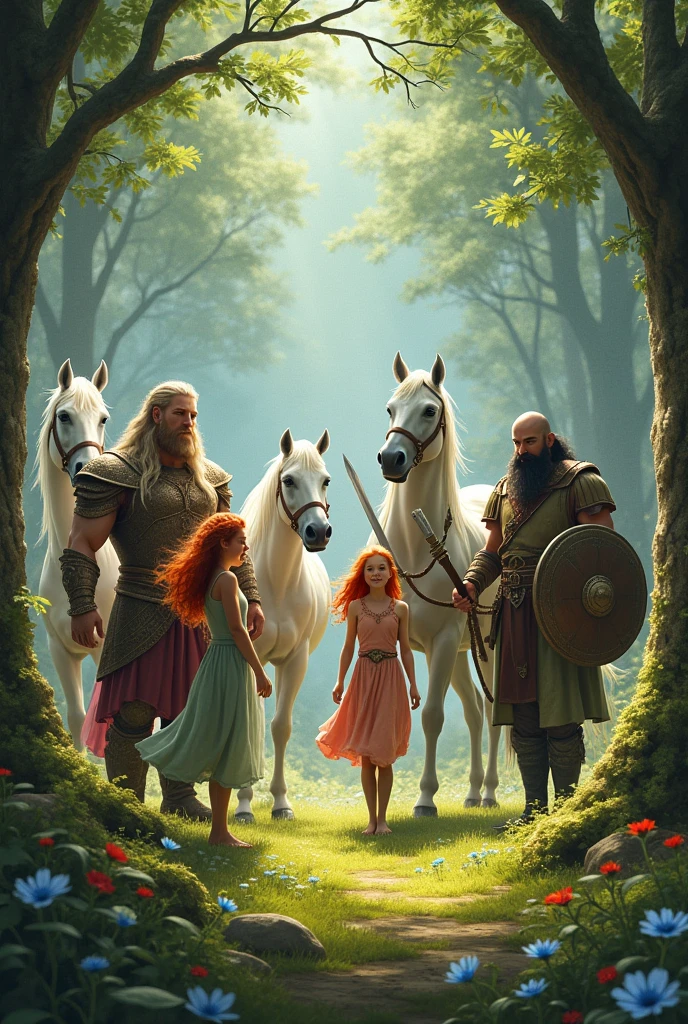 An elf with wings and white horses, a red-haired dwarf, a tall, strong man with triton features a redheaded girl a bald warrior with draconic aspects with a black beard shield and sword, and a woman with brown hair and a staff