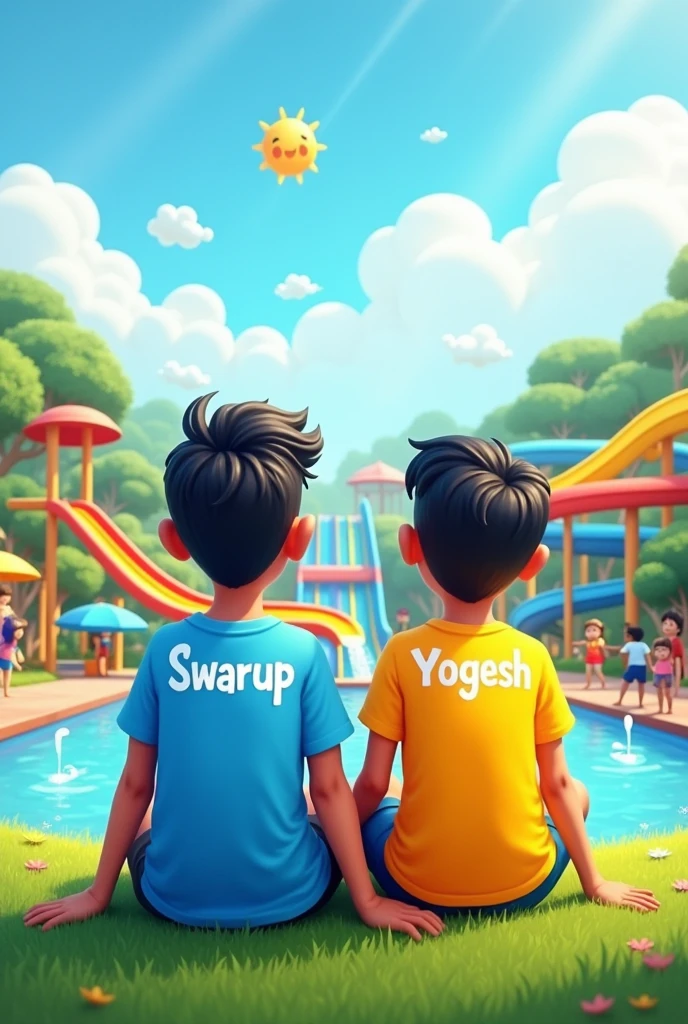 2 friends siting on the heel, car is front enjoying the view water park, one boy name "swarup" written on the shirt and another boy name "YOGESH" written on the t shirt 2d cartoon behind the cartoon best friend front side best friend text