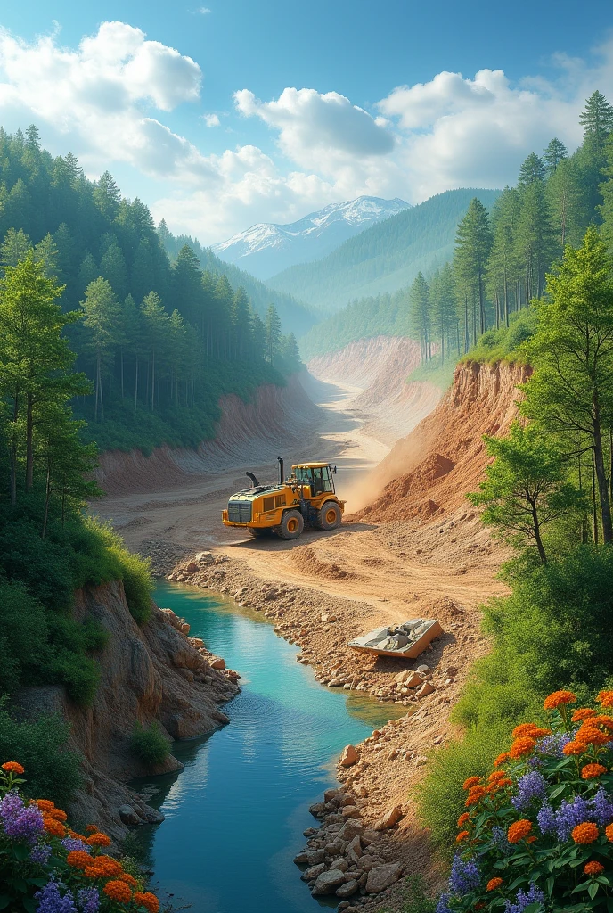 Create an image divided in two, one side nature and the other a devastated land with an excavator working