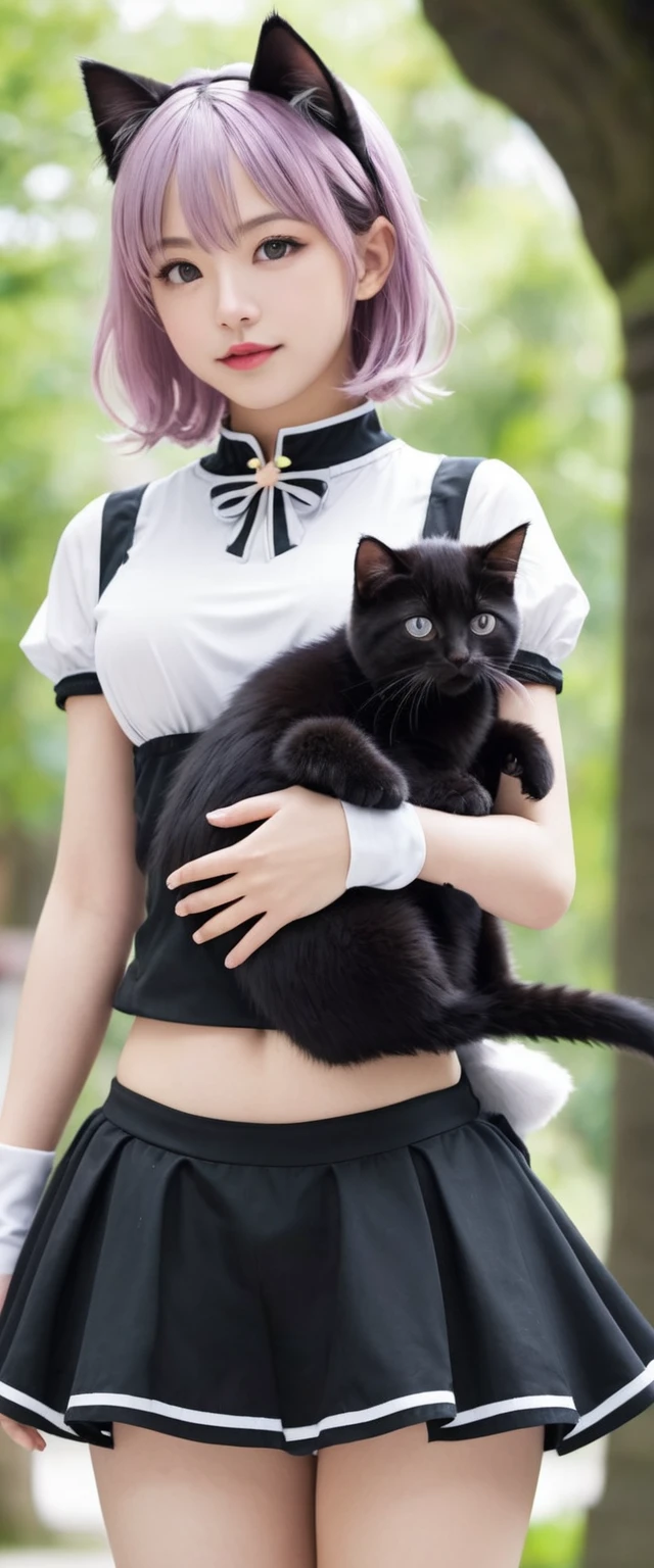 high quality, detailed, a black very little kitten and a magical girl,the magical girl is 18 years old, the magical girl has abnormal extra ultra huge udders, in magical wander land,