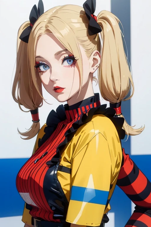 large bosom tattoed blonde woman (hair in red and blue pigtails) wearing only a 'black tape project' costume made of yellow police tape.. very pale face, red lips.  in a new york fashion show catwalk