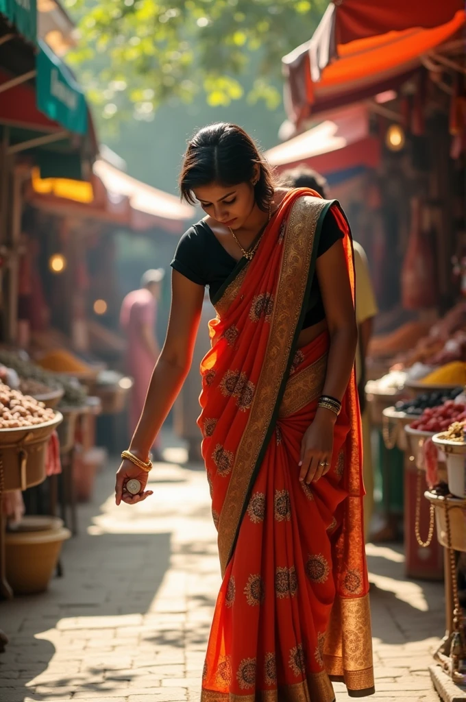 An Indian woman around 31 age , wearing saree with black blouse, with short hair she take a coin that was fell down 