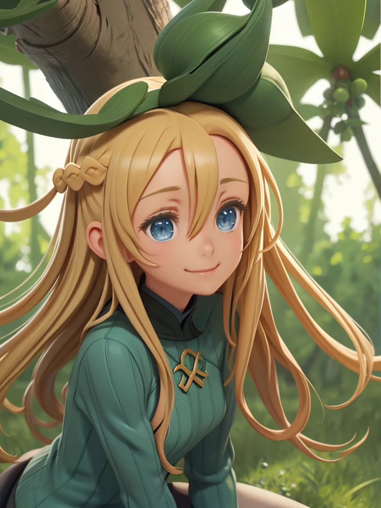 One Woman、3DCG、Blonde Hair、long hair、Hair between the eyes、Braid、Blue Eyes、Turtleneck sweater、Green clothes、in the forest、Sit leaning against a large tree、Sit on the grass、Watching the audience、Smiling、Sunlight filtering through the trees、