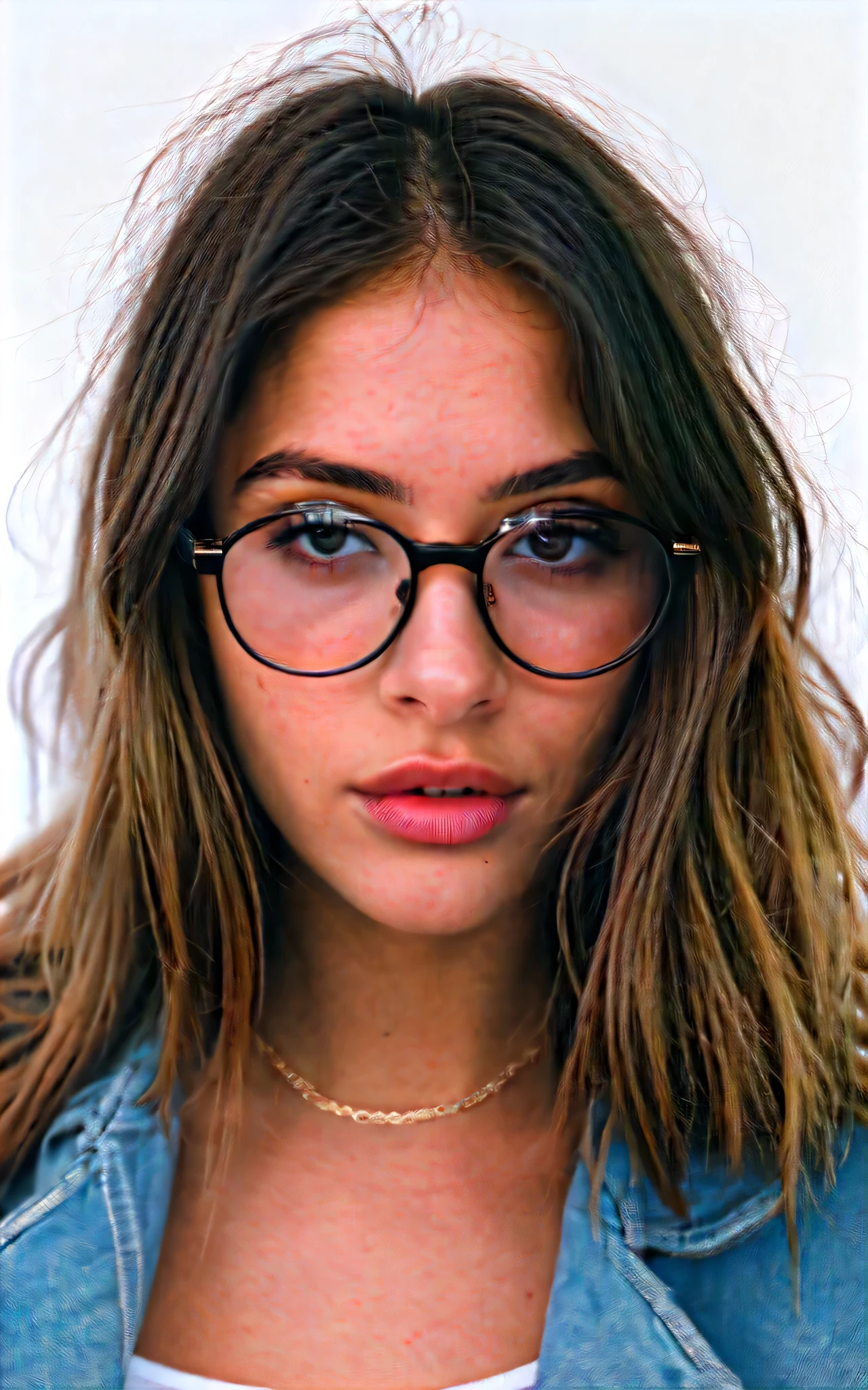 a beautiful 23-year-old woman, light-brunette, close-up, girl next door, baggy clothes, makeup, lips, glasses, night, messy hair, film grain, retro, Porta 160 color, shot on ARRI ALEXA 65, sharp focus on subject, Fujifilm XT-3