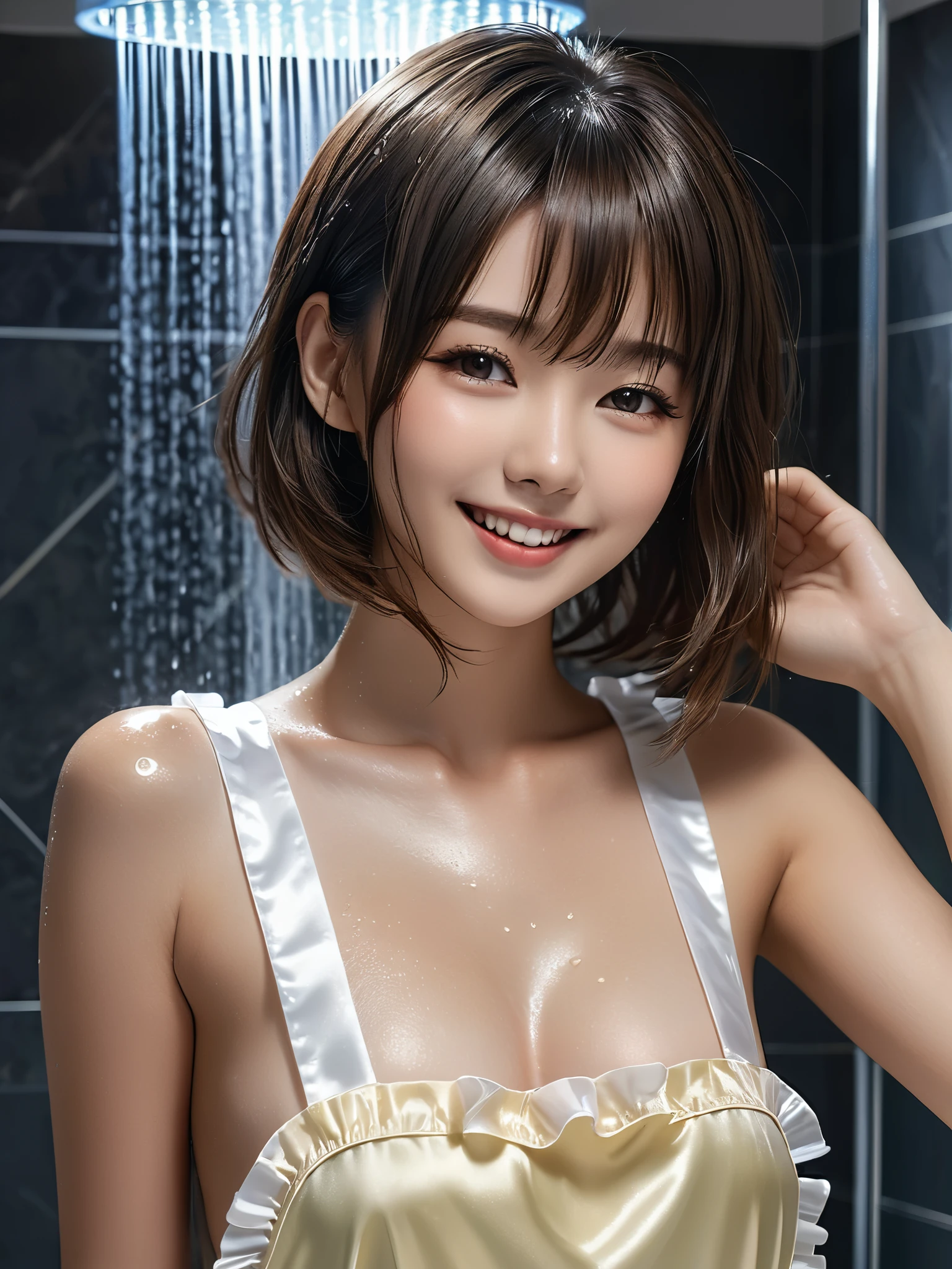 product quality, 1girl, full body shot, front view, a Japanese young pretty girl, shoulder length bob hair, wearing only a silky satin light yellow apron with white frills over her naked body with a big smile, taking a shower in a luxury shower room, glamorous figure, wet hair, wet body, busty, hyper cute face, glossy lips, double eyelids in both eyes, natural makeup, long eyelashes, shiny smooth light brown hair, asymmetrical bangs, fair skin, central image, high resolution, high detail, detailed hairstyle, detailed face, cinematic lighting, octane rendering, vibrant, hyper realistic, perfect limbs, perfect anatomy